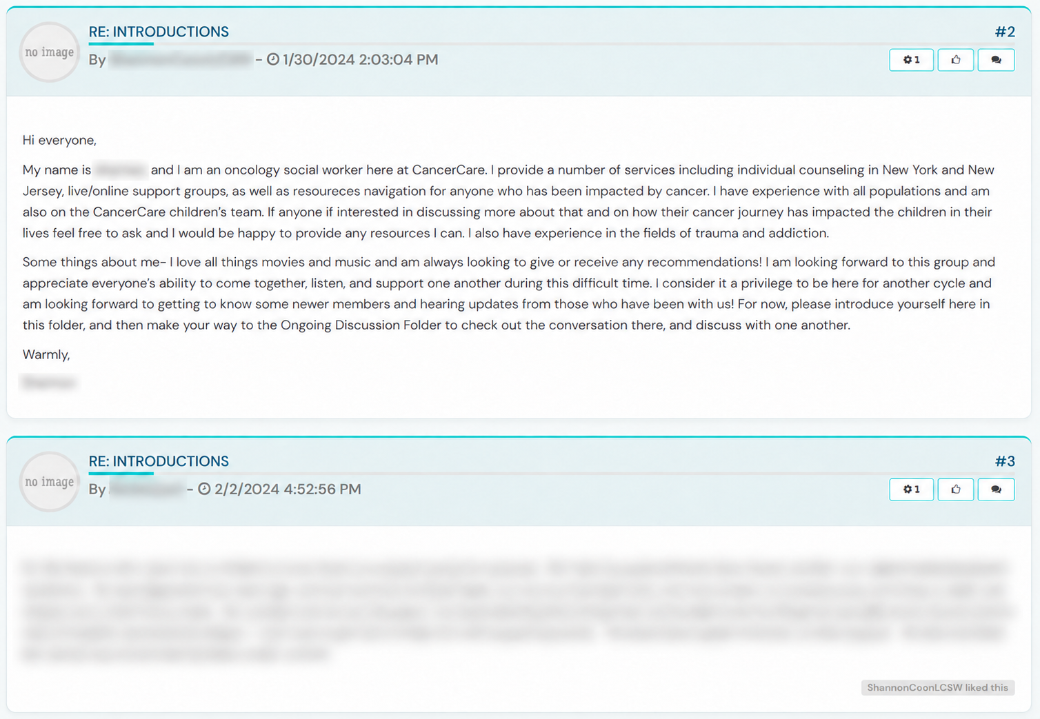 Example of a CancerCare support group discussion with moderator and member posts.